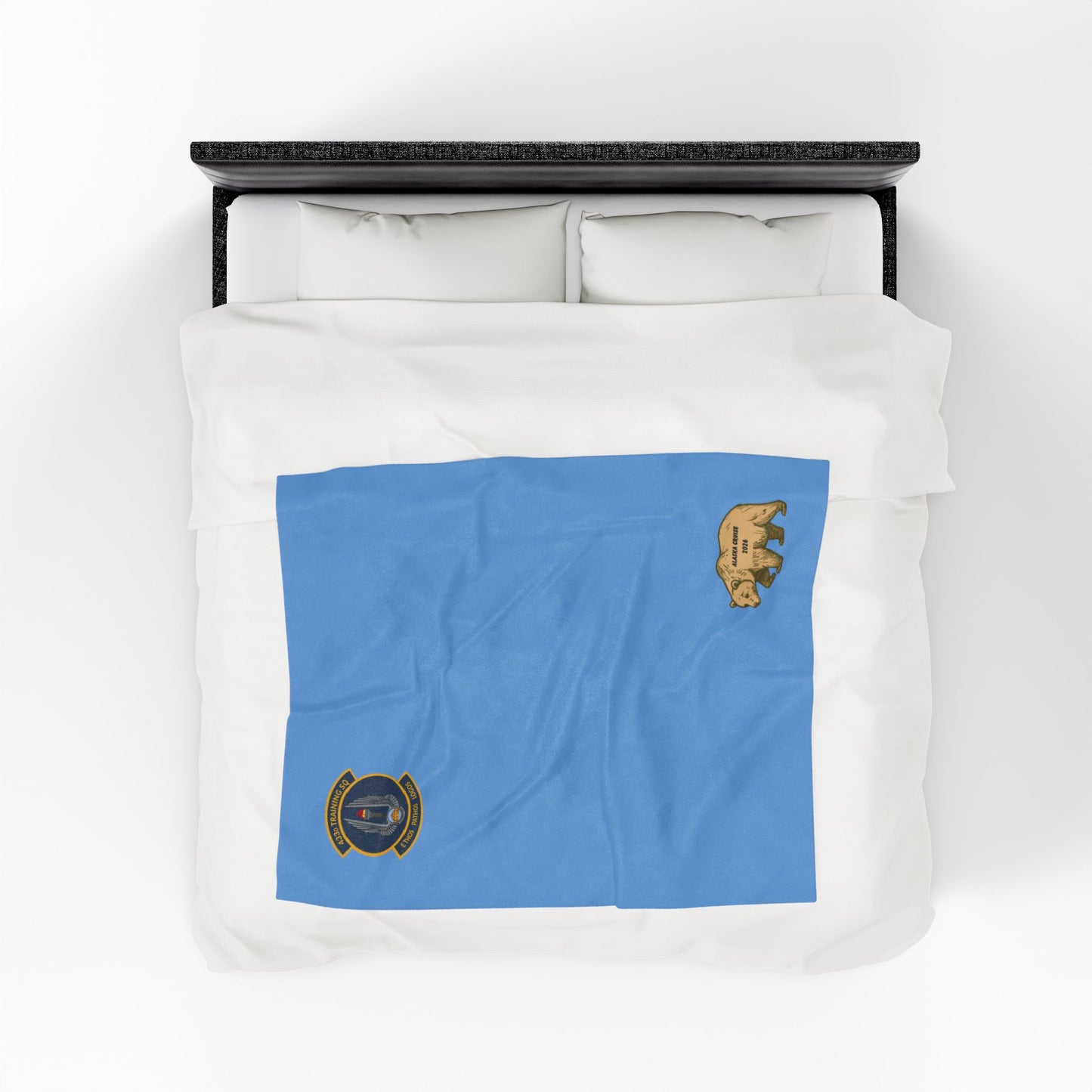 TRS Velveteen Plush Blanket — Calming Sky Blue Military Patch & Bear Accent Throw