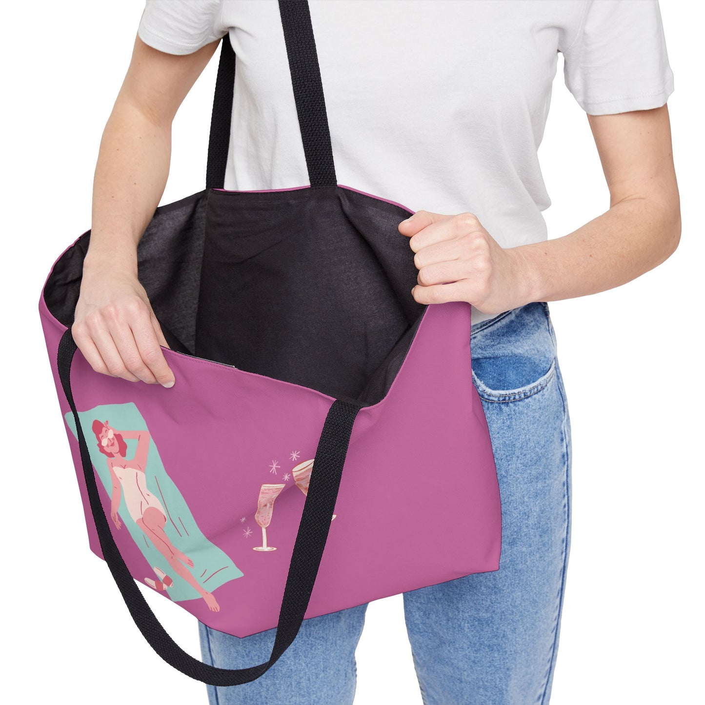 Weekender Tote Bag — Pink Bachelorette Pool Party Tote with Champagne Glasses