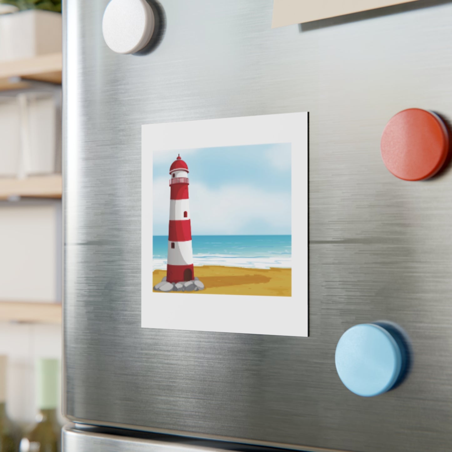 Lighthouse Beach Square Magnet — Nautical Coastal Decor Magnet