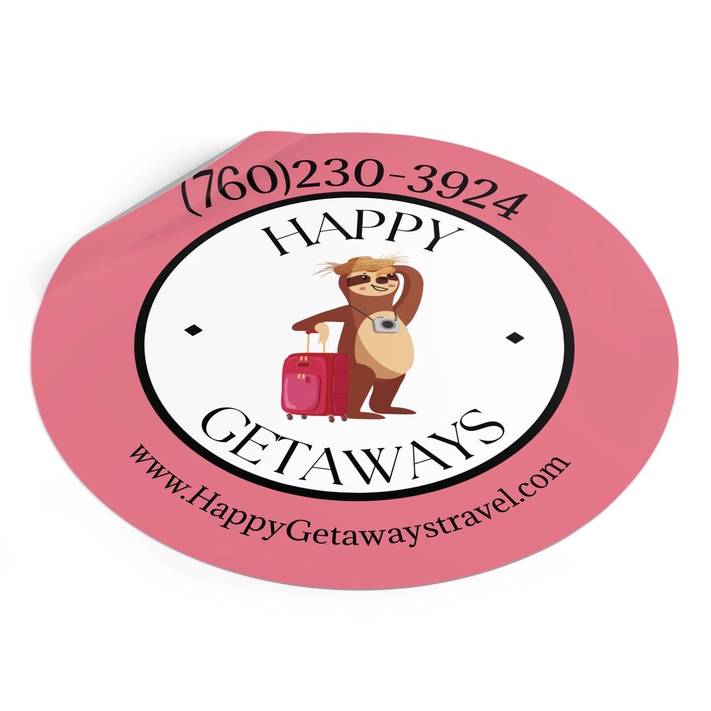 Happy Getaways Round Travel Stickers – Cute Sloth Logo, Phone & Website