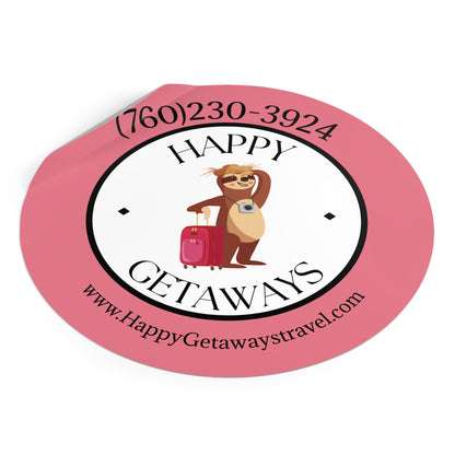 Happy Getaways Round Travel Stickers – Cute Sloth Logo, Phone & Website