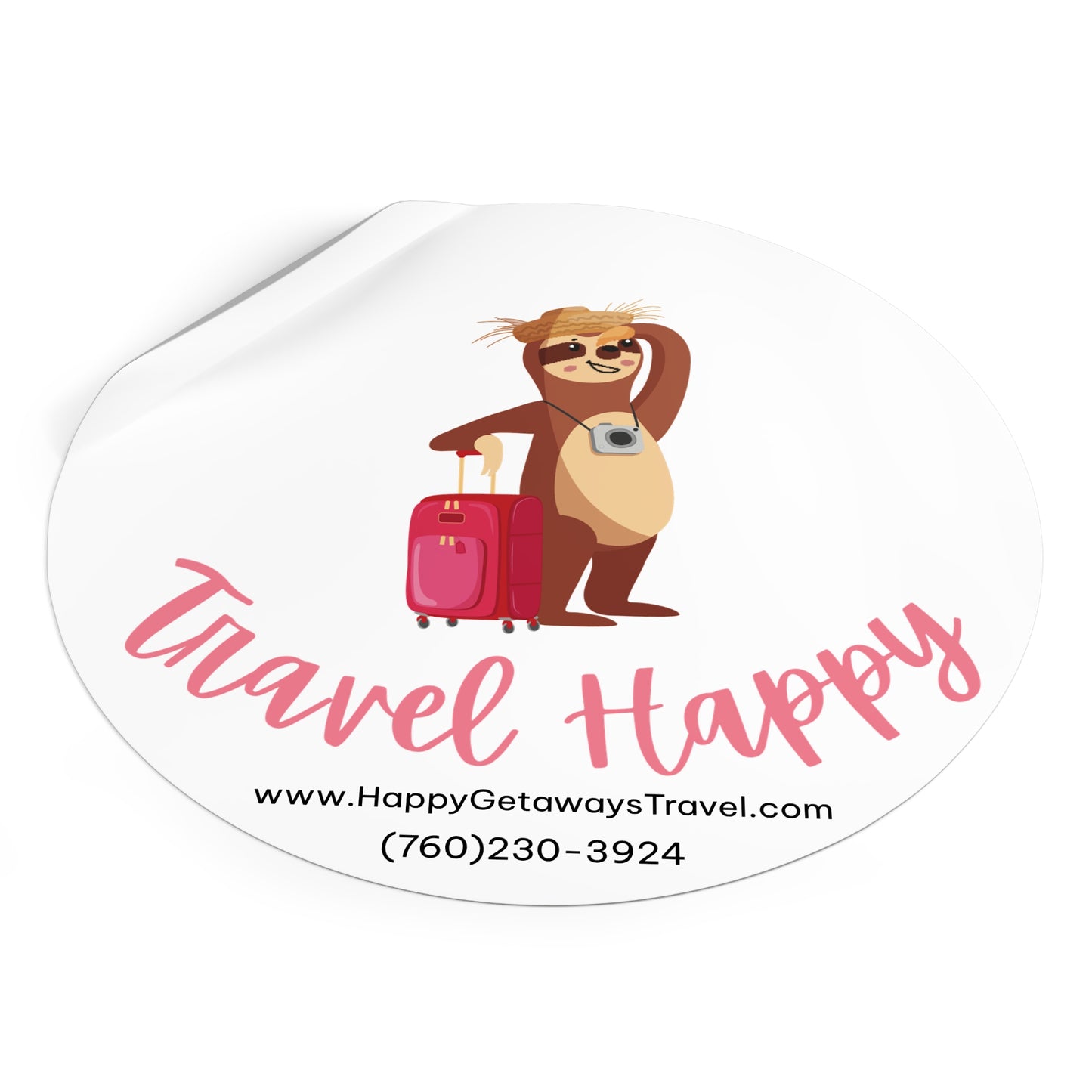 Travel Happy Round Vinyl Sticker — Cute Sloth with Luggage, Travel Agency Promo Sticker