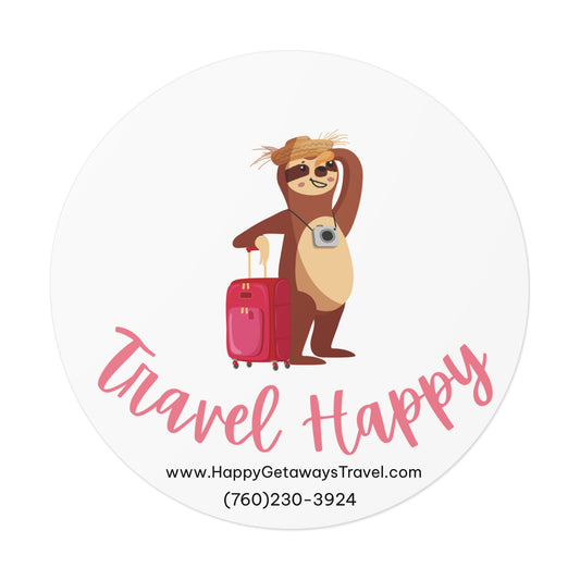 Travel Happy Round Vinyl Sticker — Cute Sloth with Luggage, Travel Agency Promo Sticker