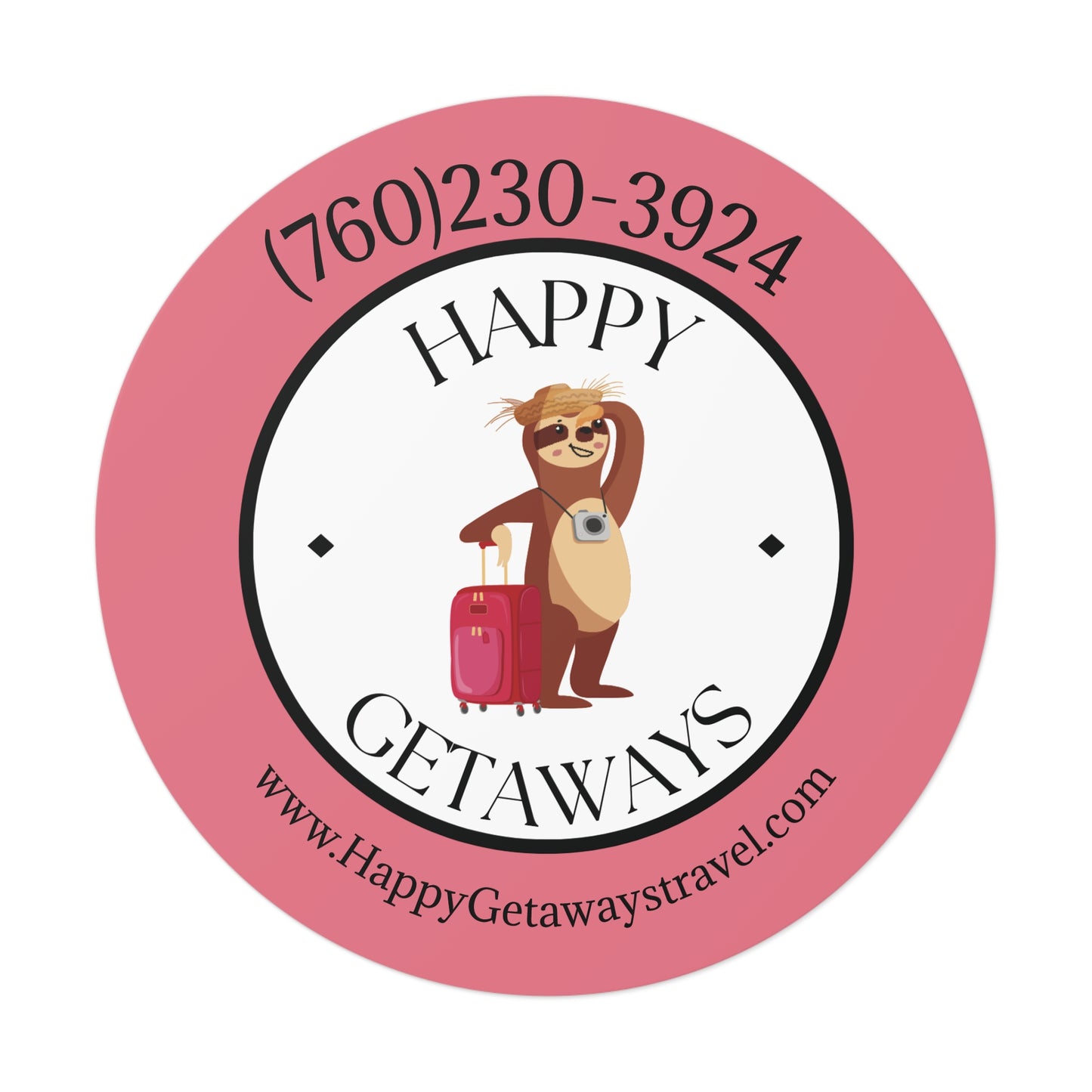 Happy Getaways Round Travel Stickers – Cute Sloth Logo, Phone & Website
