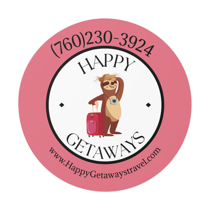 Happy Getaways Round Travel Stickers – Cute Sloth Logo, Phone & Website