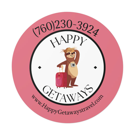 Happy Getaways Round Travel Stickers – Cute Sloth Logo, Phone & Website