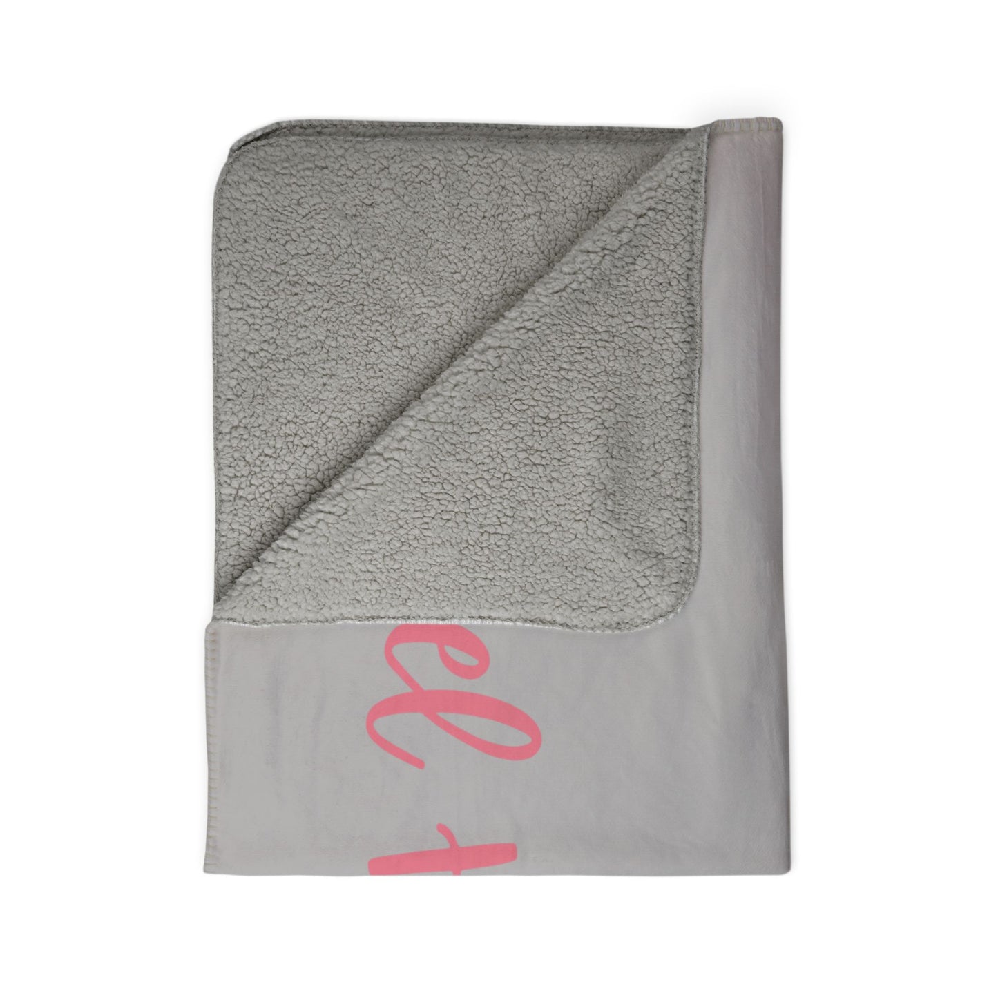 Travel Happy Sherpa Blanket — Cozy Gray Fleece Throw with Pink Script
