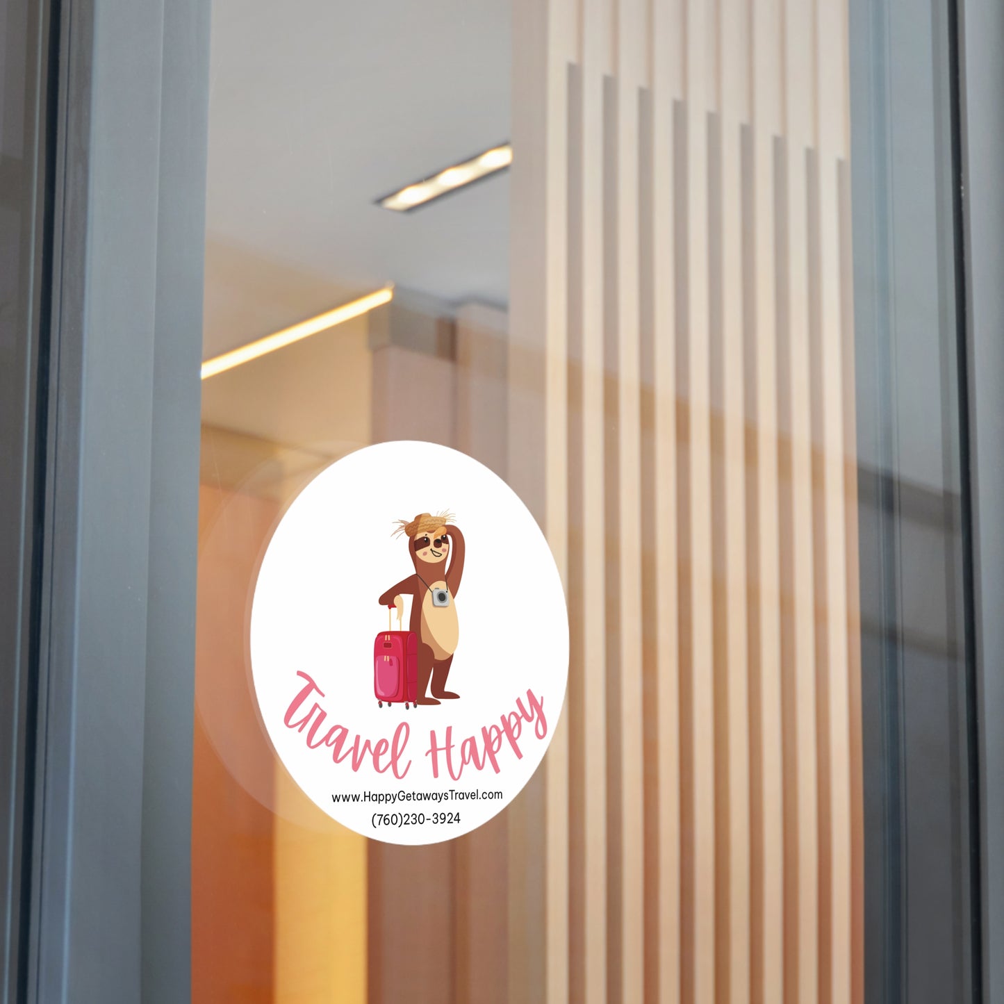 Travel Happy Round Vinyl Sticker — Cute Sloth with Luggage, Travel Agency Promo Sticker