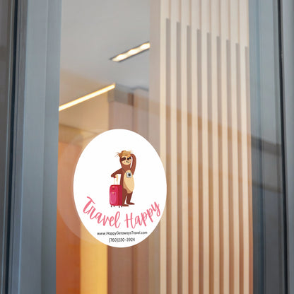 Travel Happy Round Vinyl Sticker — Cute Sloth with Luggage, Travel Agency Promo Sticker