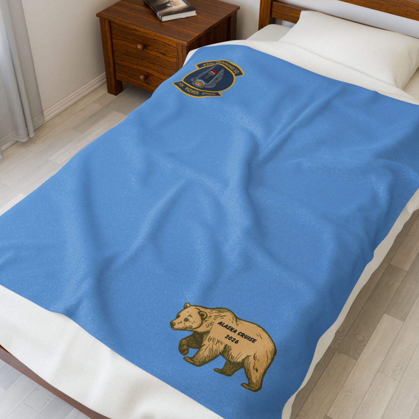 TRS Velveteen Plush Blanket — Calming Sky Blue Military Patch & Bear Accent Throw