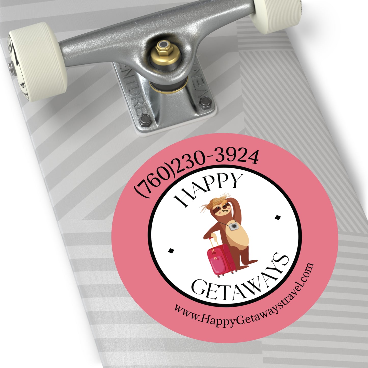 Happy Getaways Round Travel Stickers – Cute Sloth Logo, Phone & Website