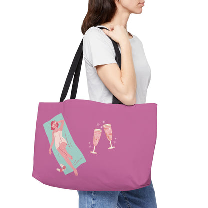 Weekender Tote Bag — Pink Bachelorette Pool Party Tote with Champagne Glasses