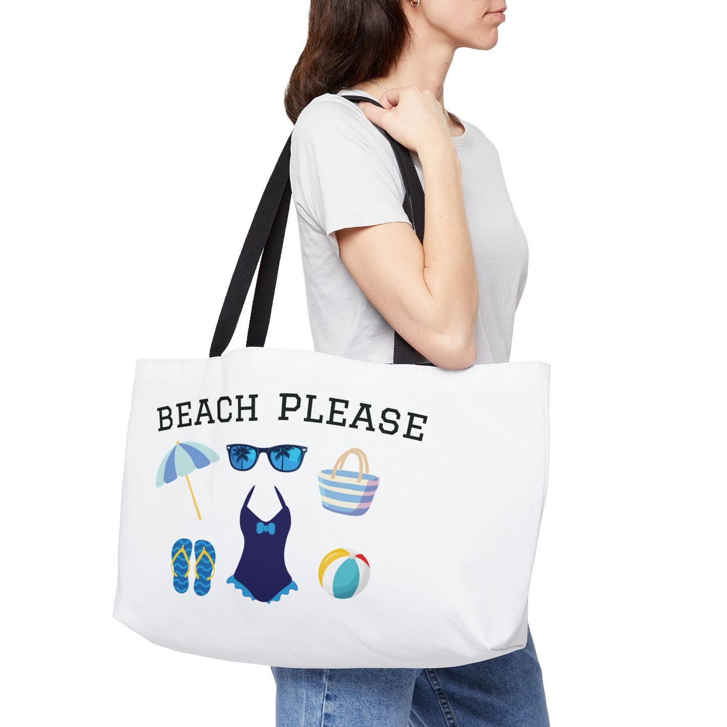 Weekender Tote Bag in White — "Beach Please" Summer Travel & Beach Bag