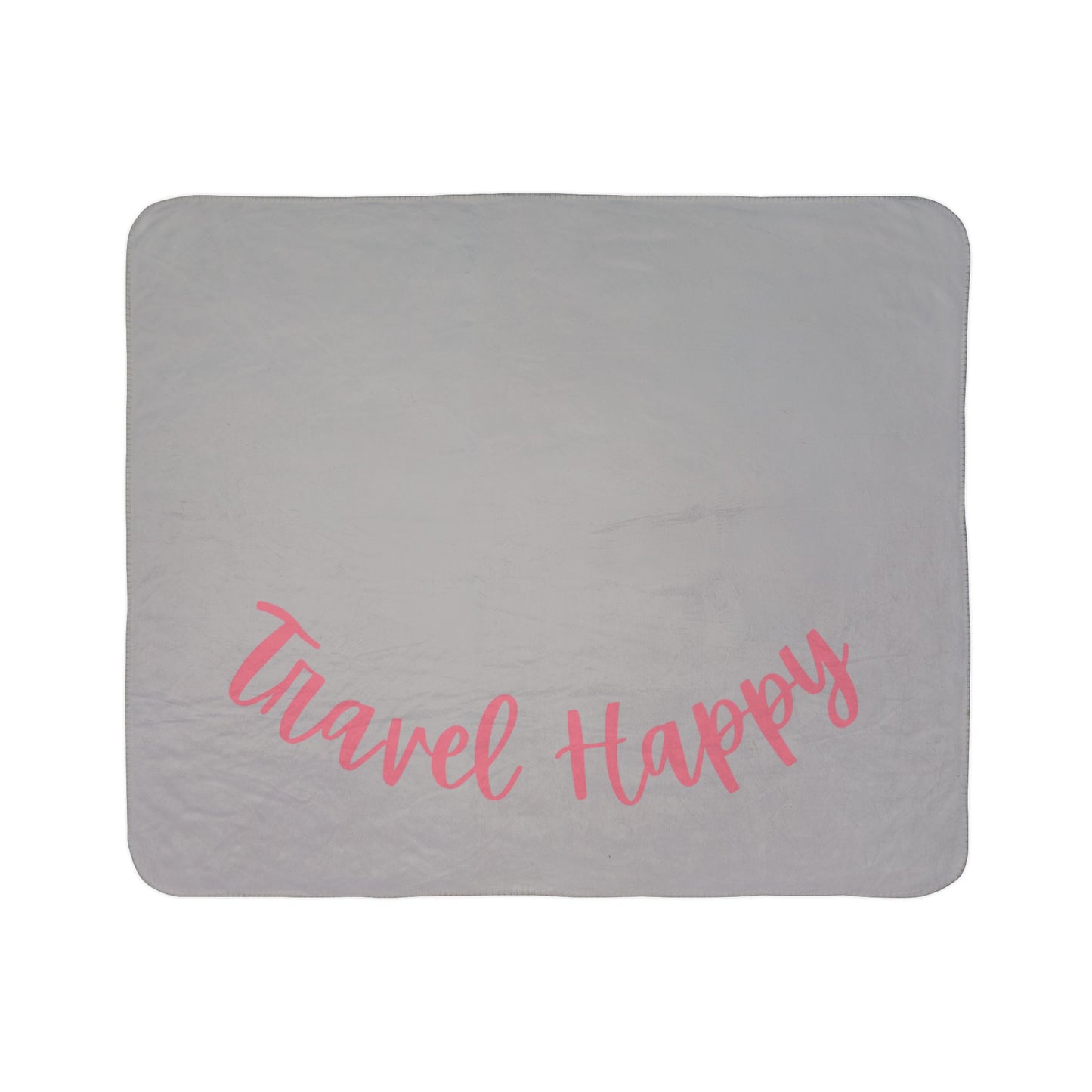 Travel Happy Sherpa Blanket — Cozy Gray Fleece Throw with Pink Script