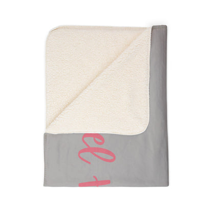 Travel Happy Sherpa Blanket — Cozy Gray Fleece Throw with Pink Script