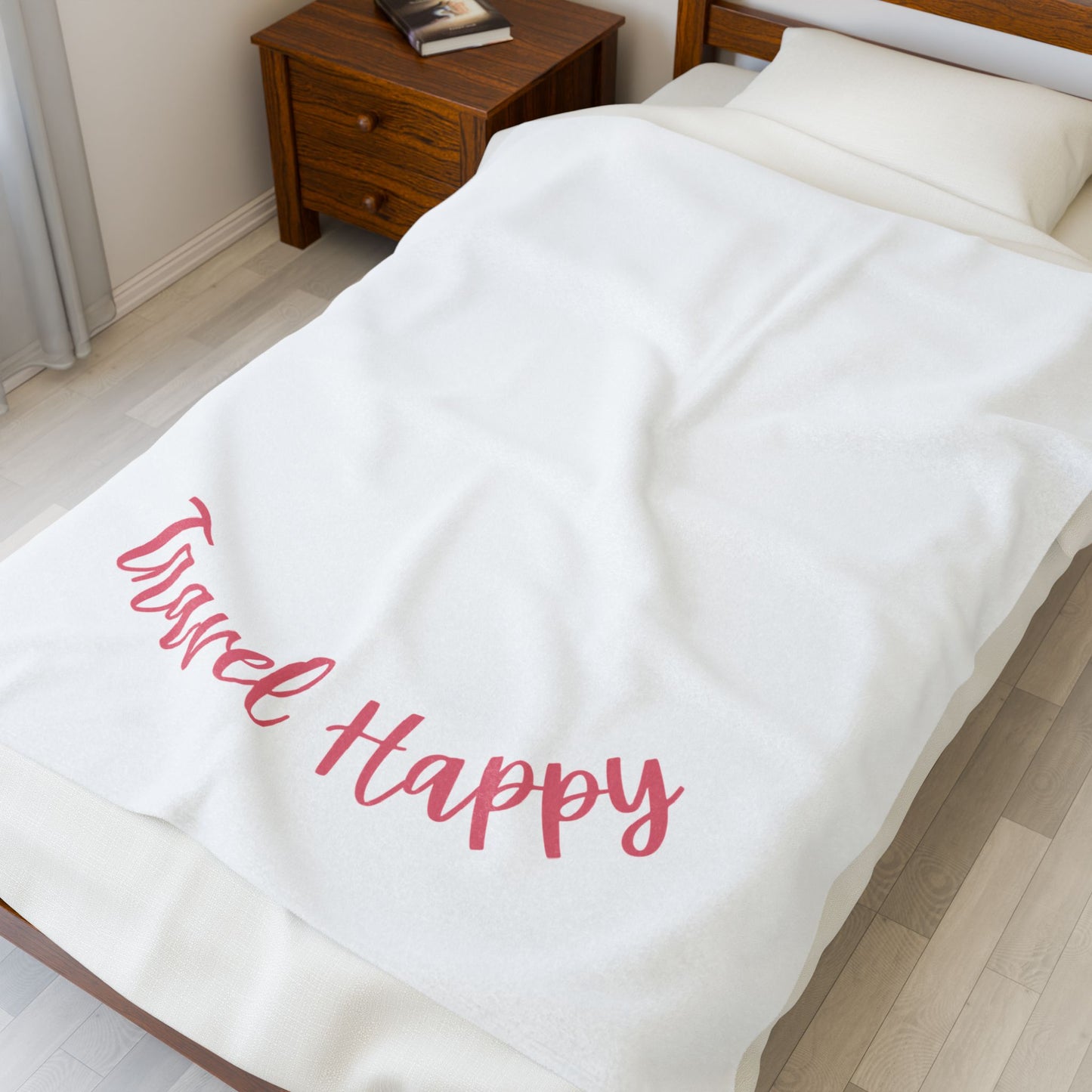 Velveteen Plush Blanket — "Travel Happy" Cozy Throw for Travelers & Gifts