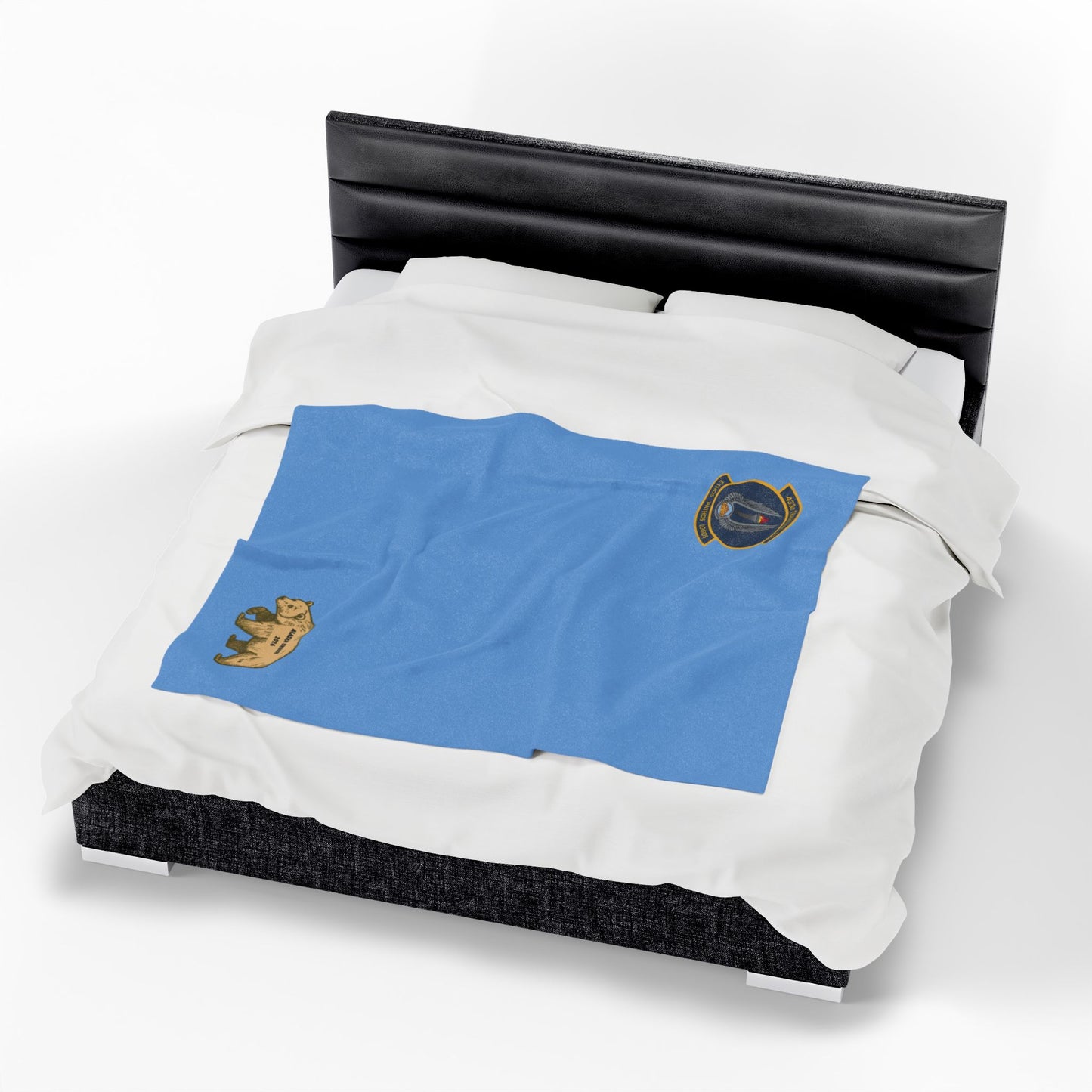 TRS Velveteen Plush Blanket — Calming Sky Blue Military Patch & Bear Accent Throw