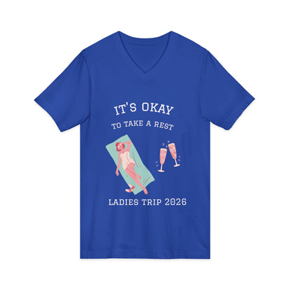 Ladies Trip 2026 V‑Neck Tee — "It's Okay to Take a Rest" Beach & Bubbly Bachelorette Shirt