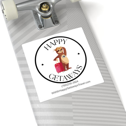Happy Getaways Travel Logo Square Sticker — Cute Sloth with Suitcase Travel Sticker