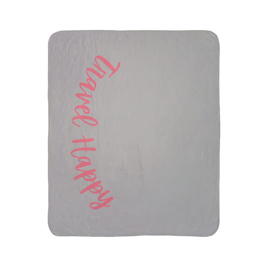 Travel Happy Sherpa Blanket — Cozy Gray Fleece Throw with Pink Script