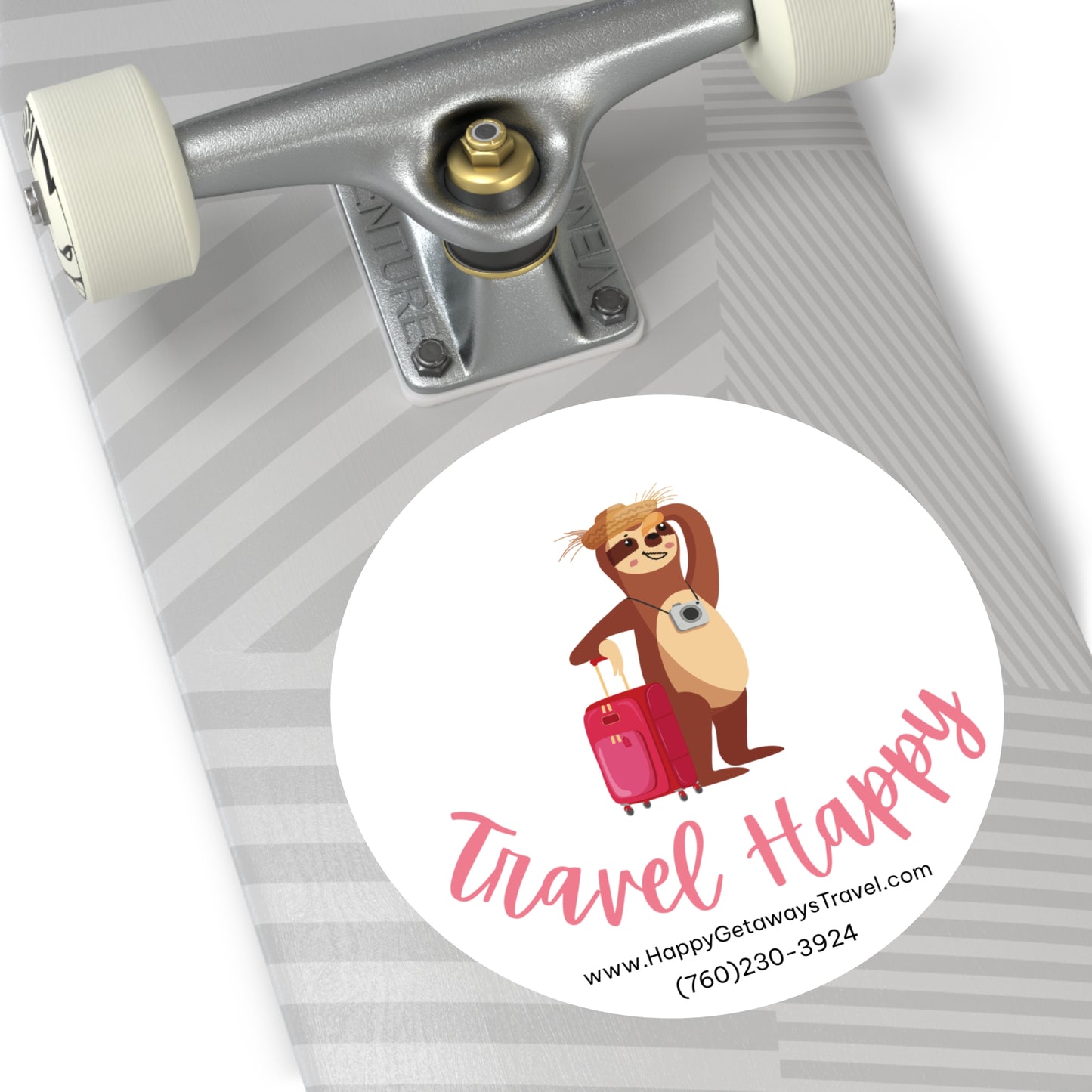 Travel Happy Round Vinyl Sticker — Cute Sloth with Luggage, Travel Agency Promo Sticker