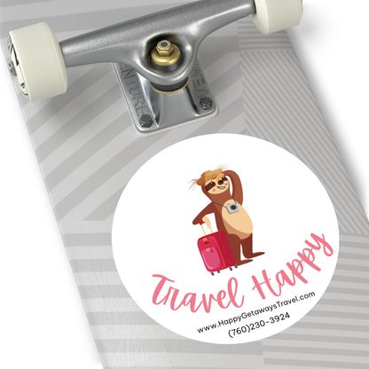 Travel Happy Round Vinyl Sticker — Cute Sloth with Luggage, Travel Agency Promo Sticker