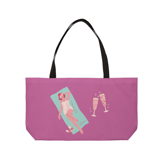 Weekender Tote Bag — Pink Bachelorette Pool Party Tote with Champagne Glasses