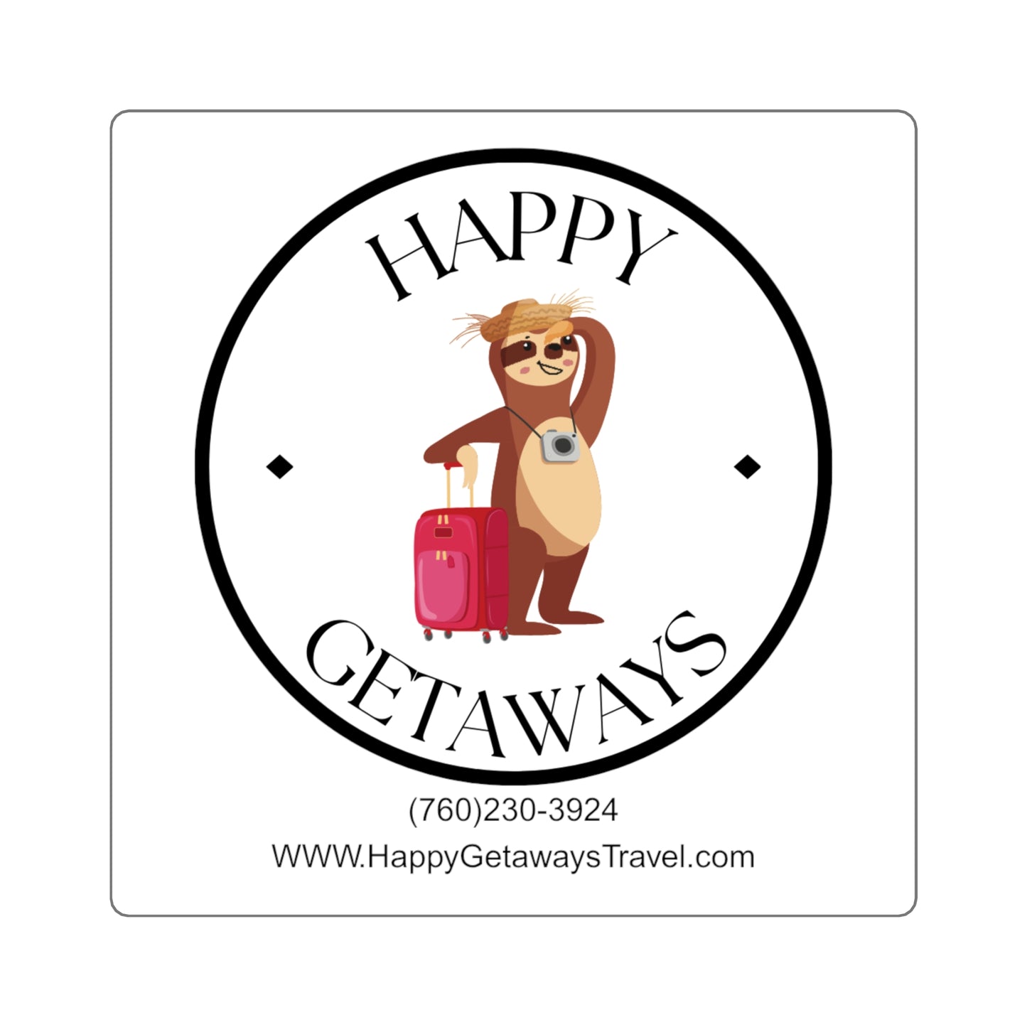 Happy Getaways Travel Logo Square Sticker — Cute Sloth with Suitcase Travel Sticker