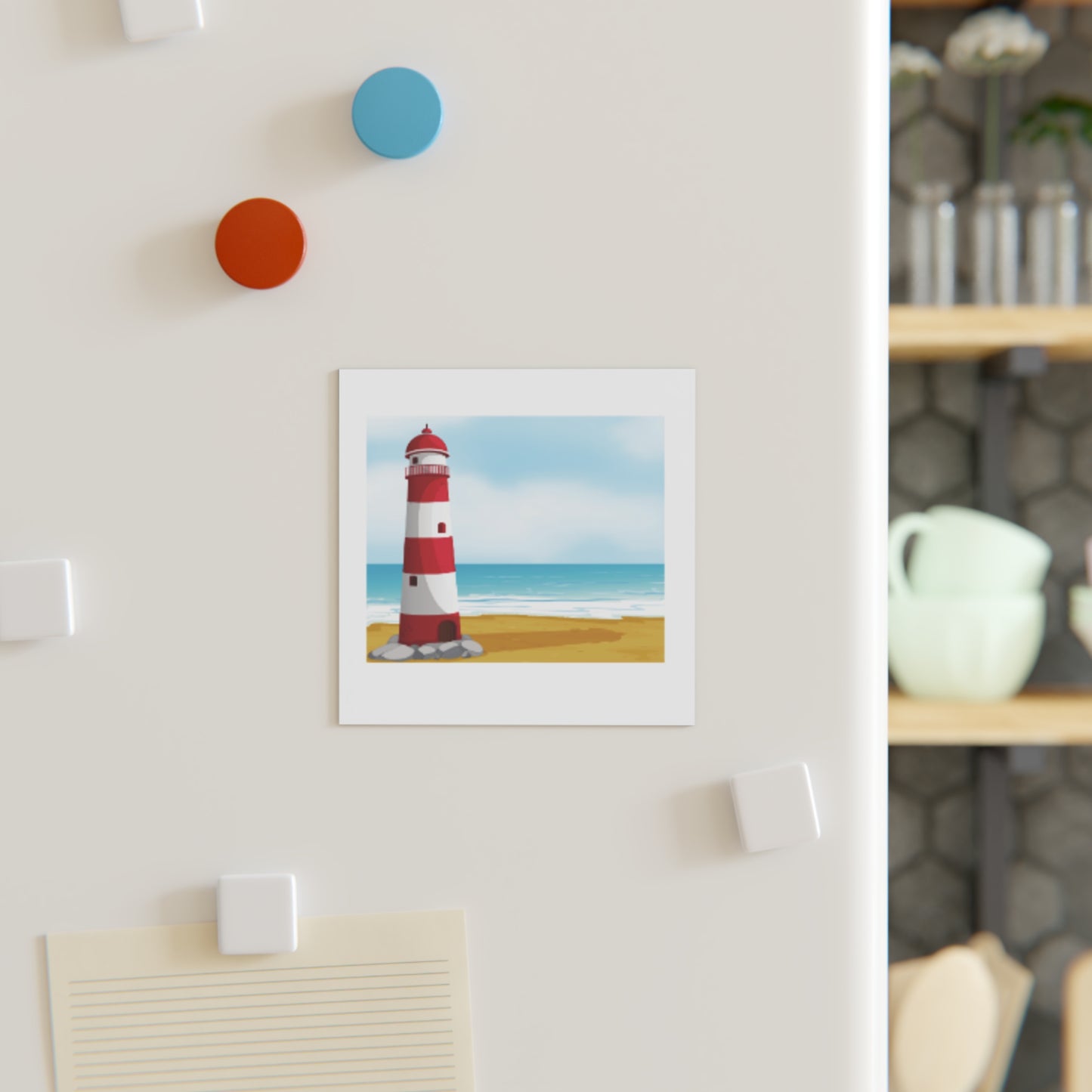 Lighthouse Beach Square Magnet — Nautical Coastal Decor Magnet