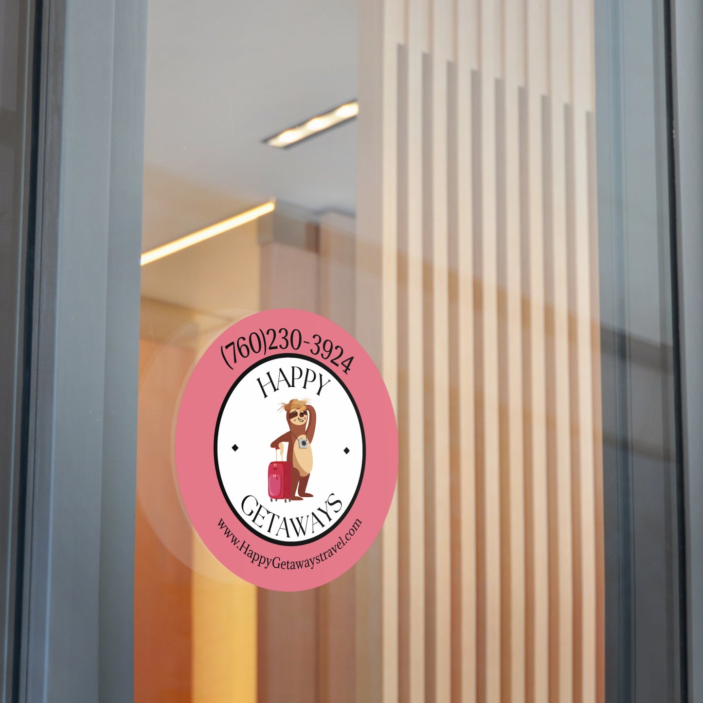 Happy Getaways Round Travel Stickers – Cute Sloth Logo, Phone & Website