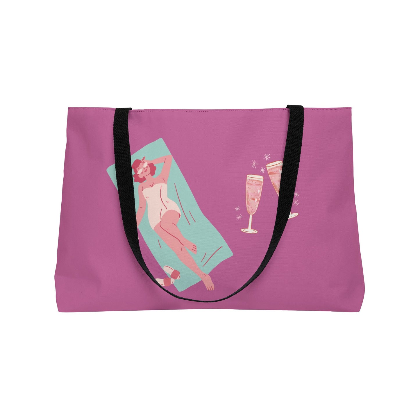 Weekender Tote Bag — Pink Bachelorette Pool Party Tote with Champagne Glasses